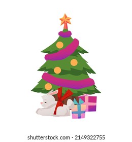 Cute cartoon rabbit under christmas tree with gifts. Illustration with adorable hare, symbol of 2023 Happy Chinese new year isolated on white background. Fluffy funny bunny for greeting card