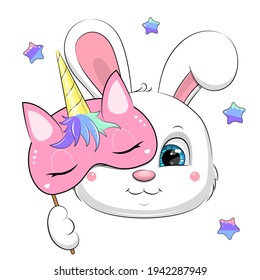 Cute cartoon rabbit with unicorn mask. Vector illustration of an animal isolated on white.
