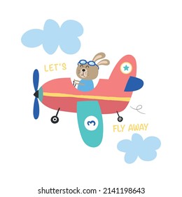 cute cartoon rabbit using a vintage plane