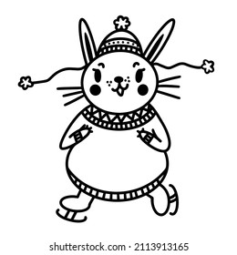 Cute cartoon rabbit vector icon. Hand drawn illustration isolated on white backdrop. Smiling bunny in a winter hat and jacket is skating. Animal sketch, simple clipart symbol 2023