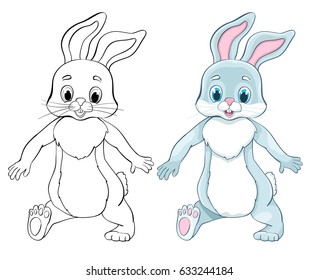 cute cartoon rabbit vector illustration. coloring version included