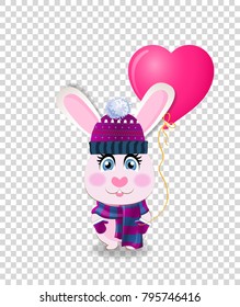 Cute cartoon rabbit in violet knitted hat, scarf and mittens holding pink heart shaped balloon isolated on transparent background. Vector illustration, icon, clip art. Element for greeting card design
