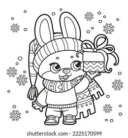 Cute cartoon rabbit in warm scarf and sweater with gift in paw outlined variation for coloring page on white background