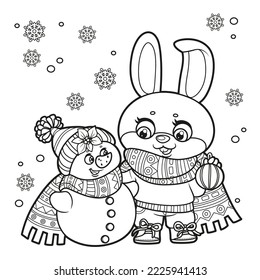 Cute cartoon rabbit in warm scarf and sweater talking to a snowman outline variation for coloring page on white background