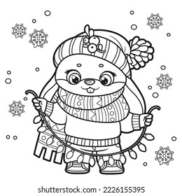 Cute cartoon rabbit in warm scarf  with garland outline variation for coloring page on white background
