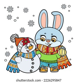 Cute cartoon rabbit in warm scarf and sweater talking to a snowman color variation for coloring page on white background