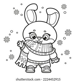 Cute cartoon rabbit in warm sweater and scarf outlined for coloring page on white background