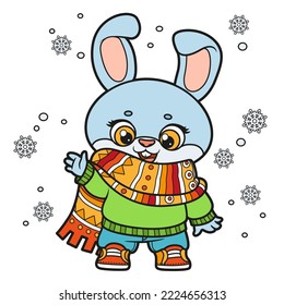 Cute cartoon rabbit in warm sweater and scarf color variation for coloring page on white background