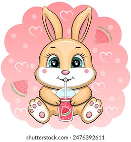 Cute cartoon rabbit with watermelon juice. Vector illustration of an animal with a watermelon  and hearts on a pink background.