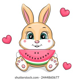 Cute cartoon rabbit with watermelon. Vector illustration of an animal on white background with hearts.