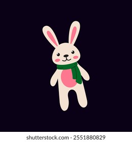 Cute cartoon rabbit wearing a green scarf stands against a dark background