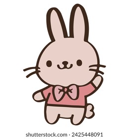 cute Cartoon rabbit wearing a pink coqutte shirt stand and wave hello. Easter day
