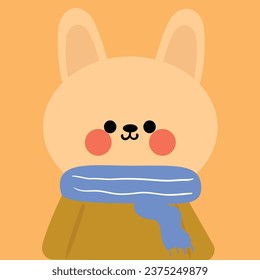 Cute cartoon rabbit wearing a scarf, for greeting cards, stickers etc