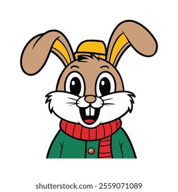 A cute cartoon rabbit in winter attire wearing a bright green jacket, a red scarf vector illustration