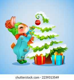 cute cartoon rabbit in winter clothes decorates the Christmas tree. funny bunny with gift boxes symbol new year. greeting card concept. vector illustration.