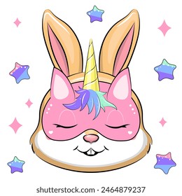 A cute cartoon rabbit woth a unicorn mask. Vector illustration of an animal on a white background with stars.