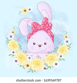 Cute cartoon rabbit in a wreath of yellow flowers