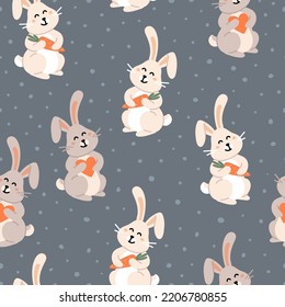 Cute Cartoon Rabbits With Carrot And Heart, Seamless Pattern. Year Of Rabbit. Creative Kids Scandinavian Style Texture With Bunnies, Carrot, Hearts, Snow For Fabric, Wrapping, Textile, Wallpaper