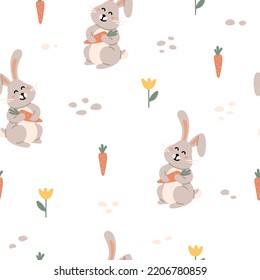 Cute Cartoon Rabbits With Carrot, Seamless Pattern. Spring, Easter. Creative Kids Scandinavian Style Texture With Bunnies, Carrot, Flowers For Fabric, Wrapping, Textile, Wallpaper, Apparel. Vector