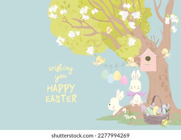 Cute Cartoon Rabbits celebrating Easter in Spring Forest