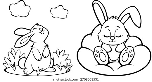 Lindos conejos de dibujos animados con nubes para colorear páginas o Ilustraciones