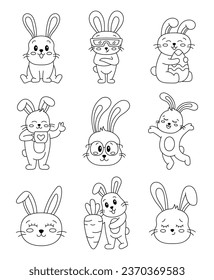 Cute cartoon rabbits. Coloring Page. Funny bunny character. Vector drawing. Collection of design elements.