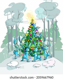Cute cartoon rabbits dance around the Christmas tree Christmas illustration