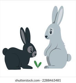 Cute cartoon rabbits. Easter bunnies standing, sitting. Two small rabbits isolated on a white background.