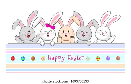 Cute cartoon rabbits with Easter eggs. Happy Easter day concept.  Cartoon character design, vector illustration.