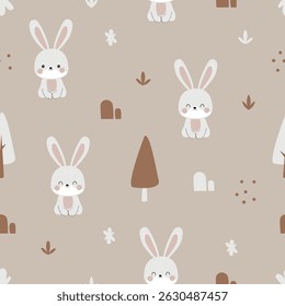 Cute cartoon rabbits with forest seamless pattern. Funny animal. Vector illustration. Design for wallpaper, print, wrapping paper, fabric, textile, nursery, etc