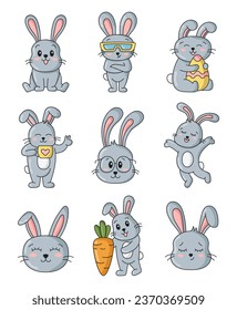 Cute cartoon rabbits. Funny bunny character. Vector drawing. Collection of design elements.