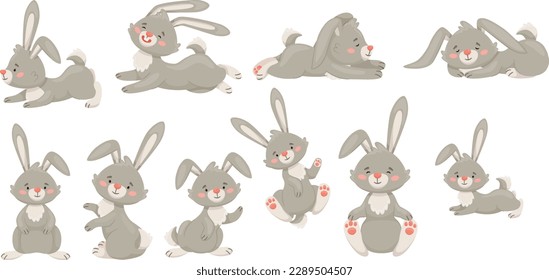 Cute cartoon rabbits. Funny  Easter bunnies standing, sitting, running, jumping, sleeping. Set of flat cartoon vector illustrations isolated