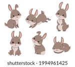 Cute cartoon rabbits. Funny furry gray hares, Easter bunnies standing, sitting, running, jumping, sleeping. Set of flat cartoon vector illustrations isolated on white background