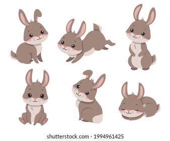 Cute cartoon rabbits. Funny furry gray hares, Easter bunnies standing, sitting, running, jumping, sleeping. Set of flat cartoon vector illustrations isolated on white background