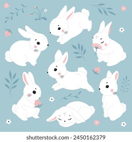 Cute cartoon rabbits. Funny white hares, Easter bunnies. Standing, sitting, running, jumping, sleeping pose. Set of flat cartoon vector illustrations isolated on background. White Easter bunny rabbits