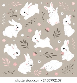 Cute cartoon rabbits. Funny white hares, easter bunnies. Standing, sitting, running, jumping, sleeping pose. Set of flat cartoon vector illustrations isolated on background. White easter bunny rabbits