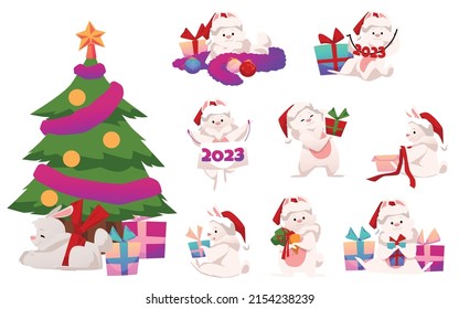 Cute cartoon rabbits with gifts, christmas tree, colorful christmas balls. Holliday illustration set with various adorable hares isolated on white. Fluffy funny bunnies for 2023 Happy Chinese New Year