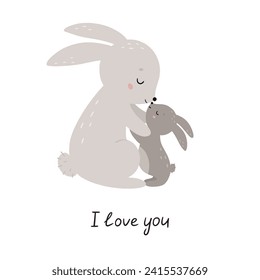 Cute cartoon rabbits hugging. Hand drawn children's poster. Animals mother and baby. Vector illustration in flat style