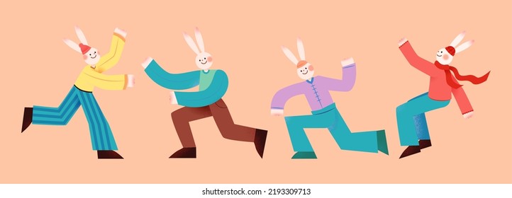 Cute cartoon rabbits in long sleeves making funny poses. Bunny characters isolated on orange background.