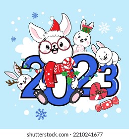 Cute cartoon rabbits and numbers 2023. Vector illustration of kawaii style. Chinese symbol new year. Christmas and new year card