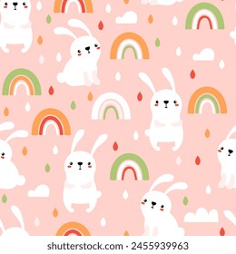 Cute cartoon rabbits with rainbows and colorful drops on a pink background. Vector illustration. Can be used for baby fabric, packaging or wallpaper.