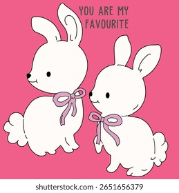 Coelhos bonitos desenhos animados com fitas no pescoço. Engraçado peludo, coelhinhos de Páscoa, sentado, de desenhos animados planos de ilustrações vetoriais isolados sobre fundo rosa