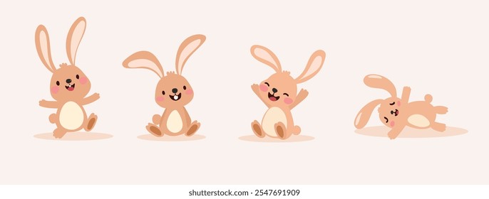 Cute cartoon rabbits in various playful poses, showcasing joy and fun. These adorable characters are perfect for children illustrations or playful designs.