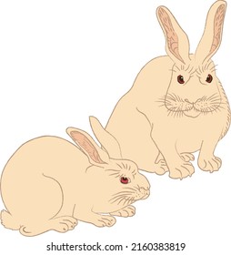 Cute cartoon rabbits vector illustration. Funny furry pink hares, Easter bunnies standing, sitting. Flat cartoon hares ukiyo-e style isolated on white.