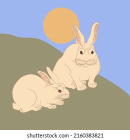 Dibujo vectorial de conejos de dibujos animados. Divertidas harinas rosadas peladas, conejitos de Pascua de pie, sentados. Caricatura plana con estilo ukiyo-e en naturaleza salvaje.