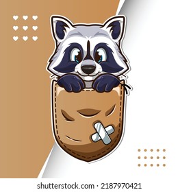 Cute cartoon raccon in a pocket