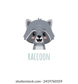 cute cartoon raccoon. Animal in flat style. Raccoon head for cards,magazins,banners. Forest animal. Vector illustration 