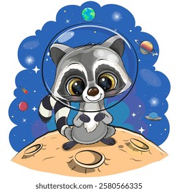 Cute Cartoon Raccoon astronaut on the moon on a space background