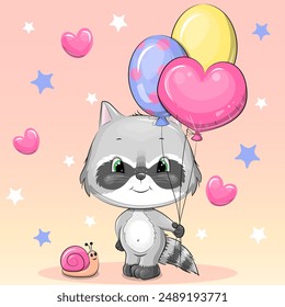 Cute cartoon raccoon with balloons and snail. Vector illustration of an animal on a pink background with hearts and stars.