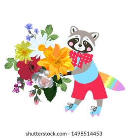 Cute cartoon raccoon with beautiful bouquet of garden flowers isolated on white background. Greeting card, print for T - shirt.